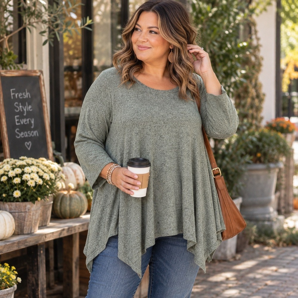 Green Envelope Anthropologie Tunic Top Sharkbite Hem Heathered Green Women's 1X